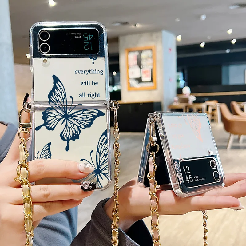 Custodia con cordino in metallo con stampa a farfalla per Samsung Galaxy Z Flip 6 5 4 3 5G Custodia trasparente pieghevole in silicone TPU per Samsung Z Flip5_voghion.com