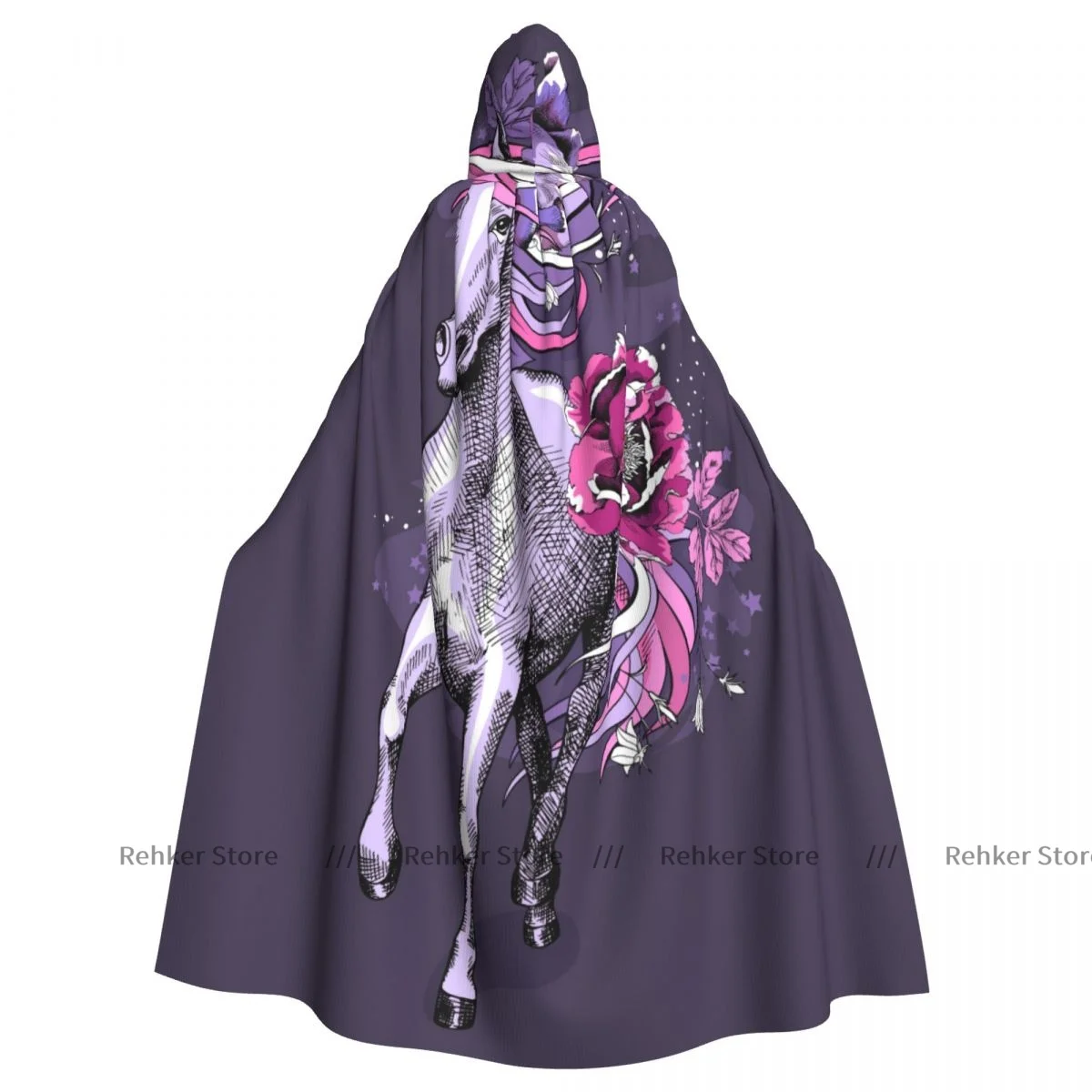 

Unicorn With Floral Pattern Hooded Cloak Coat Halloween Cosplay Costume Vampire Devil Wizard Cape Gown Party