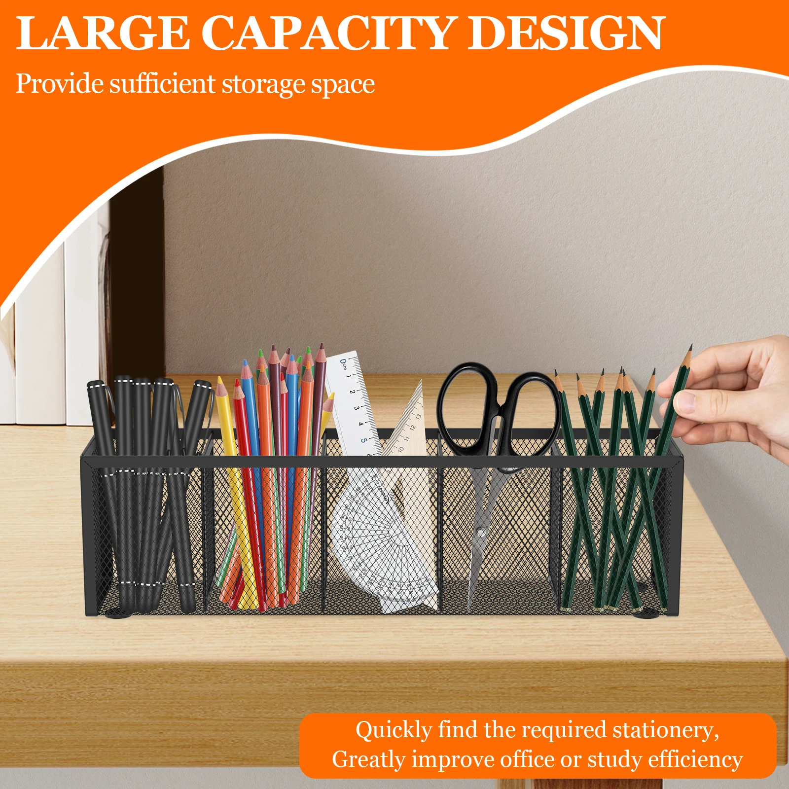 2 Pcs Mesh Pen Pencil Holder Metal Pencil Organizer with 5 Compartments Large Capacity Desk Organizer Cosmetics Storage Rack