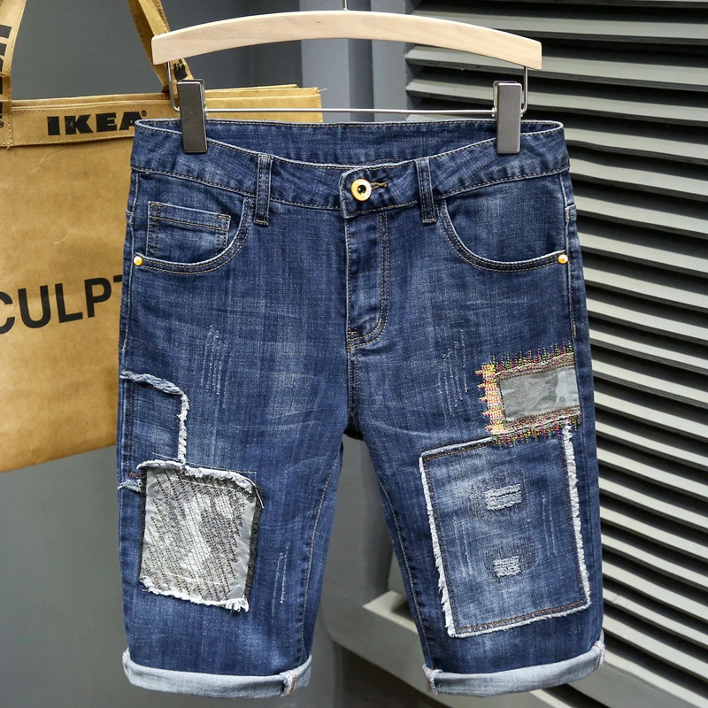 EH·MD® Men's Denim Shorts Light Blue Hand Embroidered Pasted Cloth Small Leg Midpants Elastic Hole Cotton Summer Flanging New