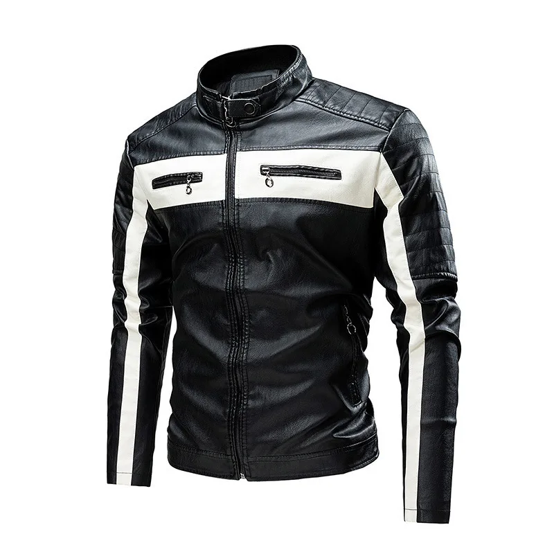 Spring Autumn Men's Windproof Motorcycle Leather Jacket Fashion Splicing Stand Collar Slim Fit PU Leather Jacket