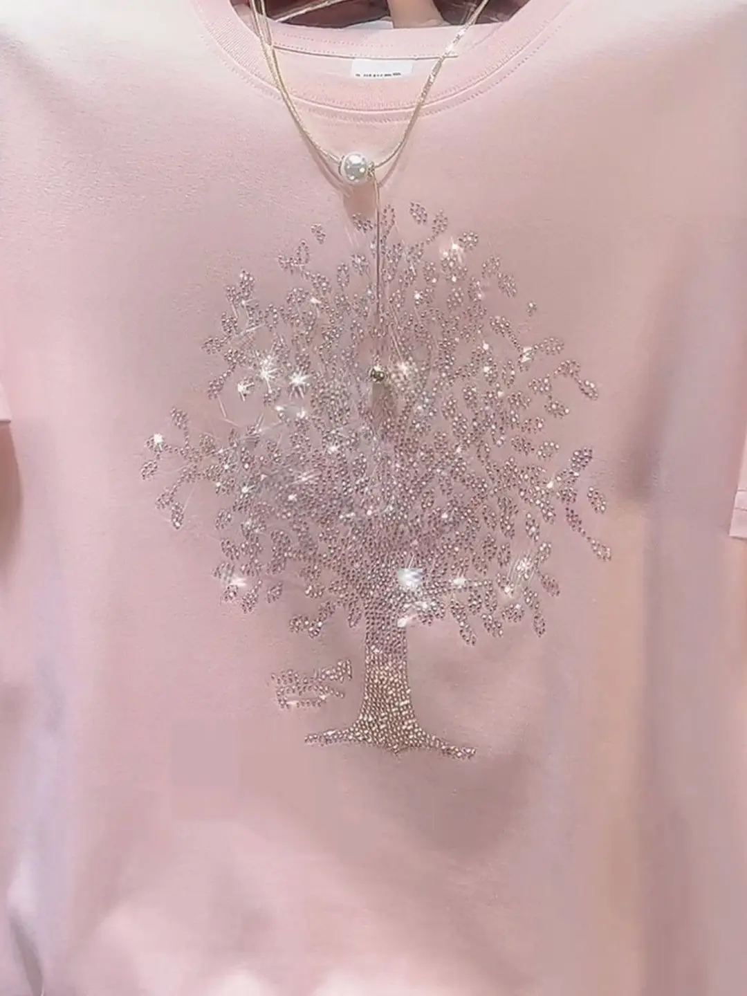 Faionable Summer 2025 Pure Cotton ort Sve Loose Fit round Ne Diamond Embellied Top Ele Slimming Women's T-irt