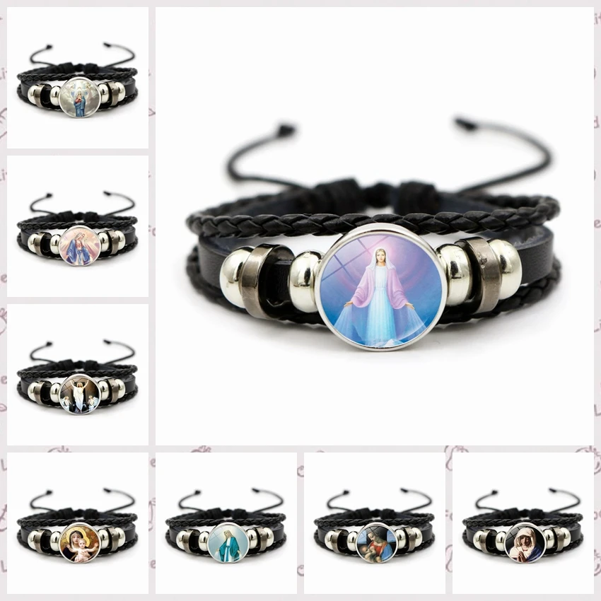 Fashion Jewelry Glass Pendant Leather Knitted Bracelet Virgin Mary
