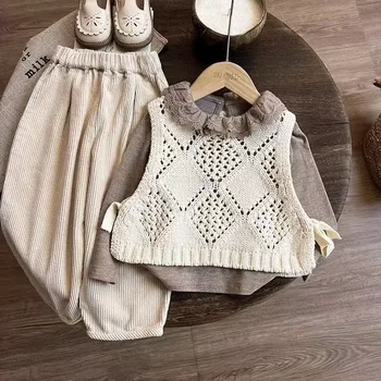 Set di Abbigliamento per Bambini 2026 Nuovo Set Tre Pezzi con Gilet in Lana, Maglietta Base e Pantaloni Primaverili e Autunnali
