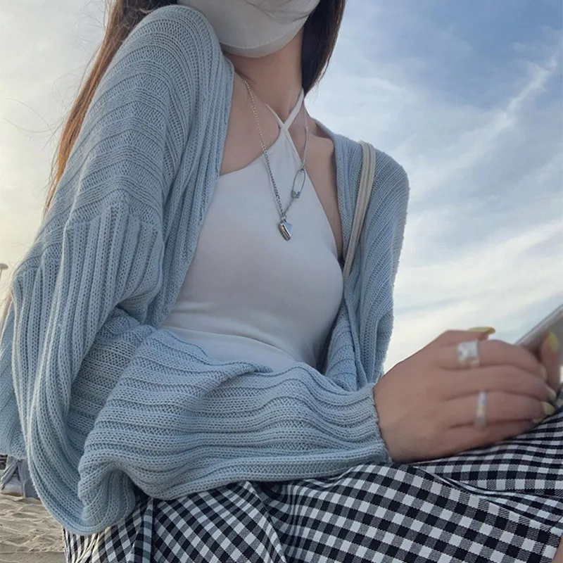 여성용 화이트 스웨터 크롭탑, 빈티지 레이디 단색, 스위트 캐주얼, 올매치 니트, 긴팔 카디건, 하이 스트리트 아우터 