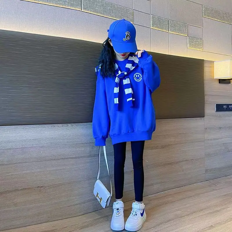 

Girls Spring And Autumn Hoodie New Teenagers Children Loose Fashion T-Shirt Solid Color Cotton Sports Clothes Girls Leggings
