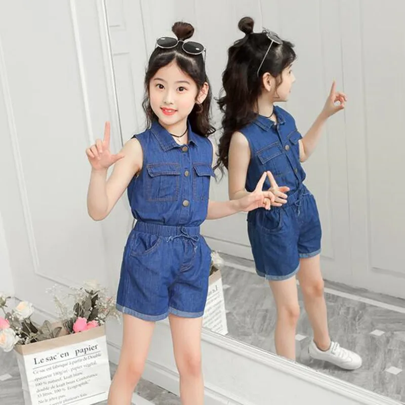 

Girls Clothes Set New Summer Kids Denim Sleeveless Outfits for Girl Lapel Sports Suits Fashion Casual Children Clothing
