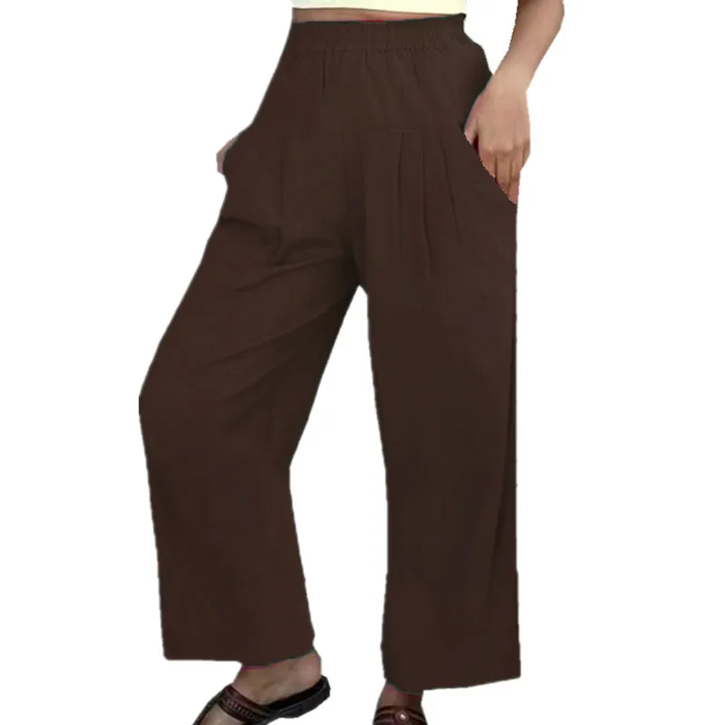 2022 New Casual Summer Women Grey Straight Pants Cotton and Linen Pockets Solid Color All-match Folds Wide Leg Trousers Trend
