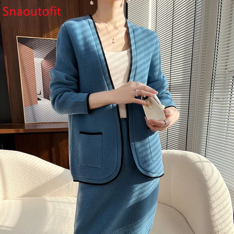 2023 New Merino Wool Sweater Women's Suit Noble Dignified Knitted Cardigan Half Length Skirt Two-Piece Spring Women's Clothing