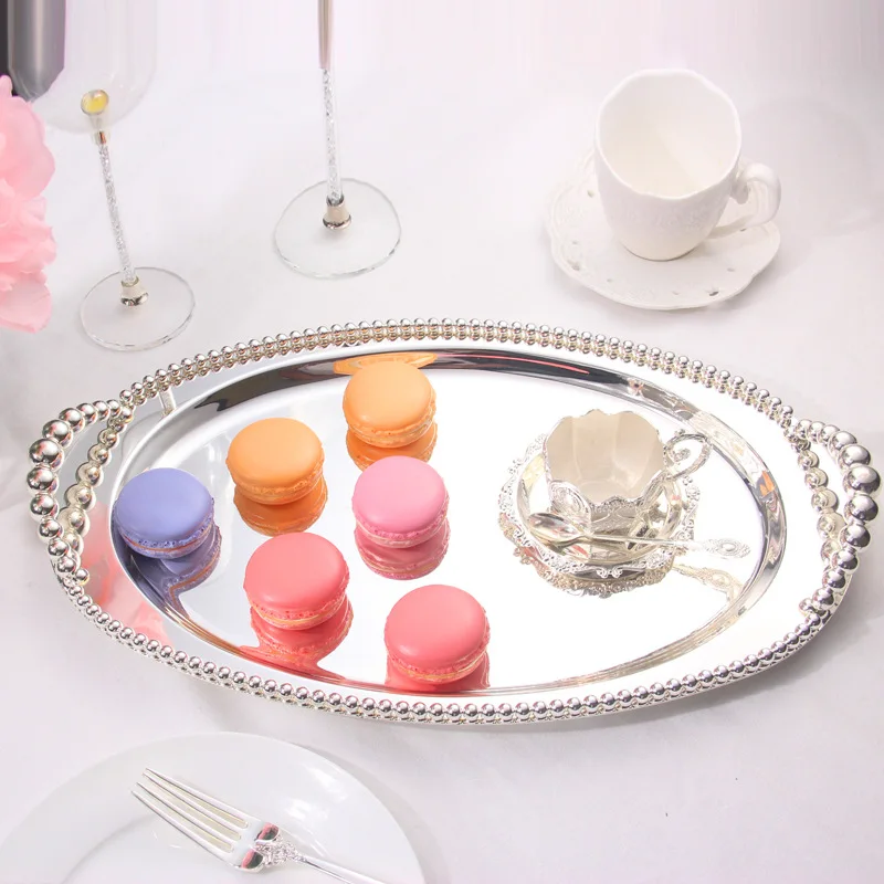 Silver Metal Serving Tray for Home Storage, Decorative Cake Stand with Handles, Cutlery Storage Orgnizer, Oval and Rectangle