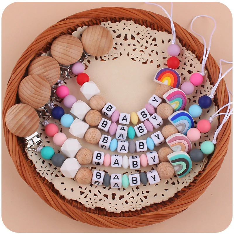 

Baby Pacifiers Clips Personalized Name Wooden Rainbow Dummy Nipples Holder Clip Chain Newborn Teething Toys Newborn Accessories