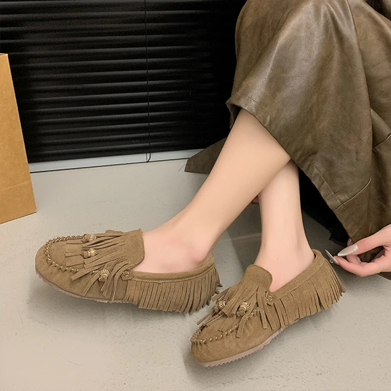 Casual Woman Shoe Fringe Female Footwear Autumn Soft Loafers With Fur Slip-on Tassel Dress Summer Fall New Slip On Moccasin Floc 4