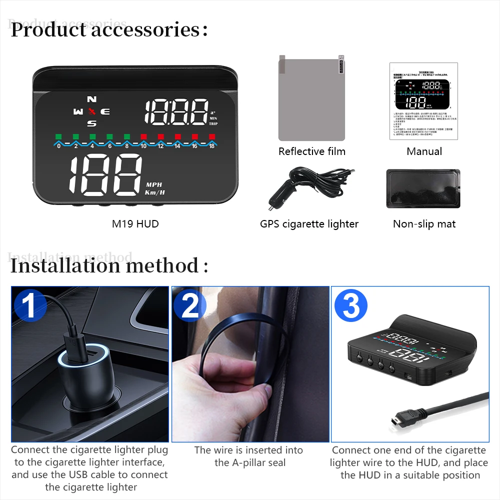 WIIYII M19 GPS ӵ ڵ HUD  ð   ÷  ڵ ϸ Ƿ  ӵ ˶ MPH KMH