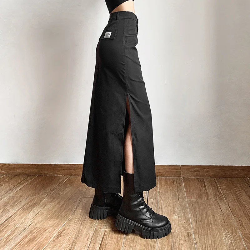 Goth Dark Grunge Casual Tag Split Women Midi Skirts Mall Gothic Punk High Raise Slim Long Skirt Y2k Sexy Fashion Streetwear 2023