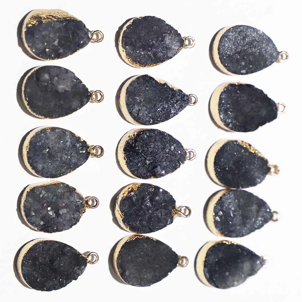 

【Free Shipping】Natural Stone Black Crystal Pendants Water Drop Gilded Edge Necklace DIY Agate Jewelry Accessories 6Pcs Wholesale