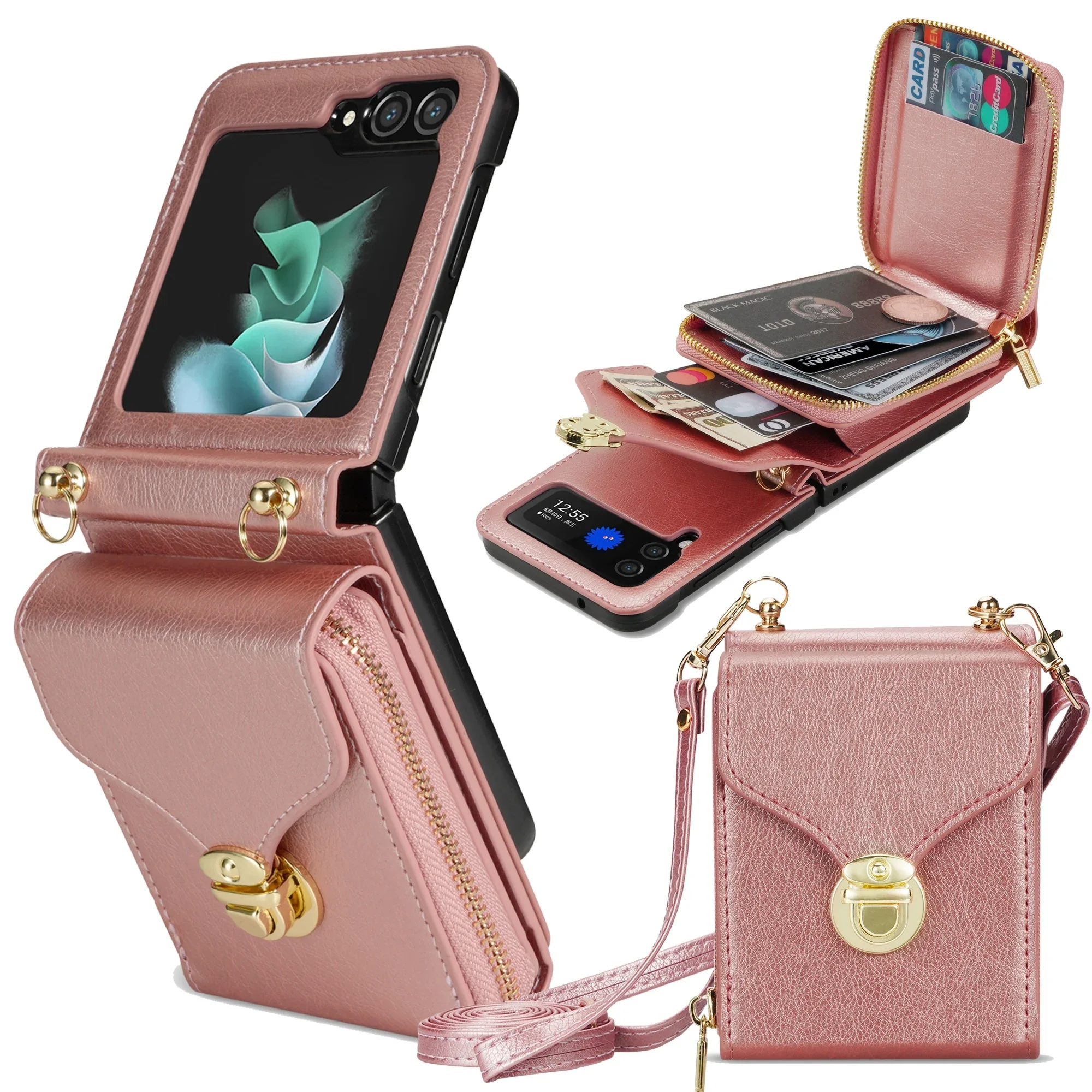 Elegant Crossbody Leather Wallet Case with Long Lanyard and Zipper Card Holder Purse Cover