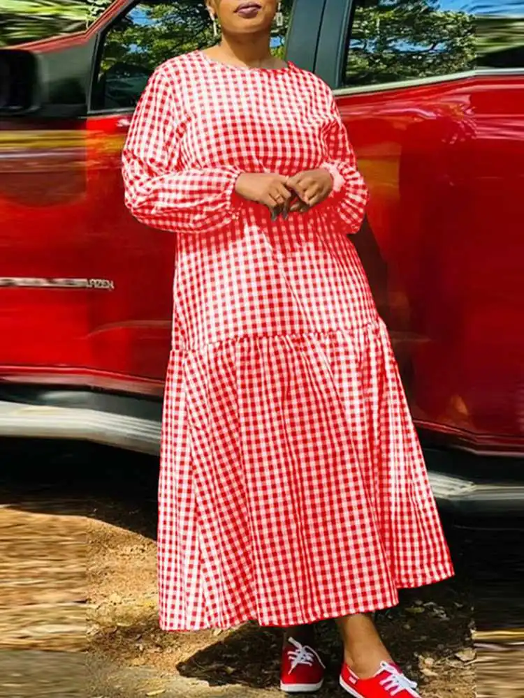 

Plus Size VONDA Autumn Dress Women Plaid Sundress O-Neck Long Sleeve Ruffled Maxi Long Dress Elegant Casual Vintage Vestidos