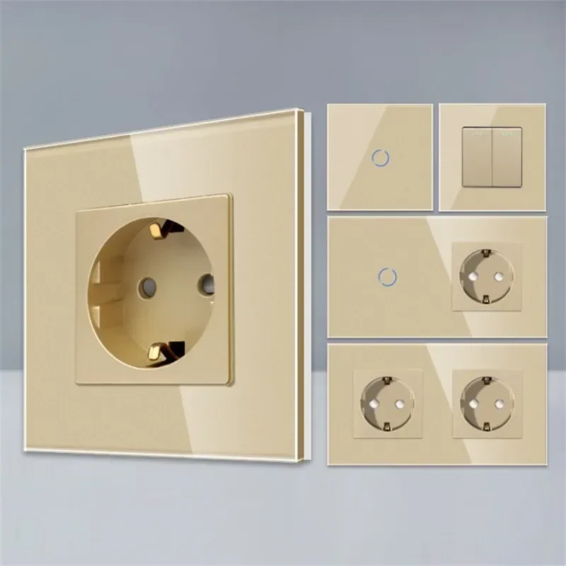 Bingoelec Toque Interruptor com Vidro Cristal Painel Ouro e Tomadas Elétricas Melhoria Home
