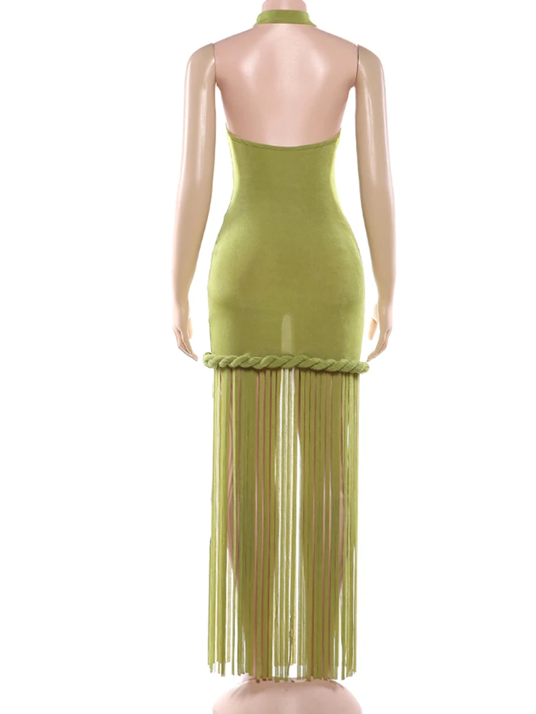 Sisterlinda Sexy Kleid mit Fransenbesatz Damen Neckholder Rückenfreies Elegantes Figurbetontes Stretch-Kleid für Sommerurlaub und Abendveranstaltungen – Detail 5