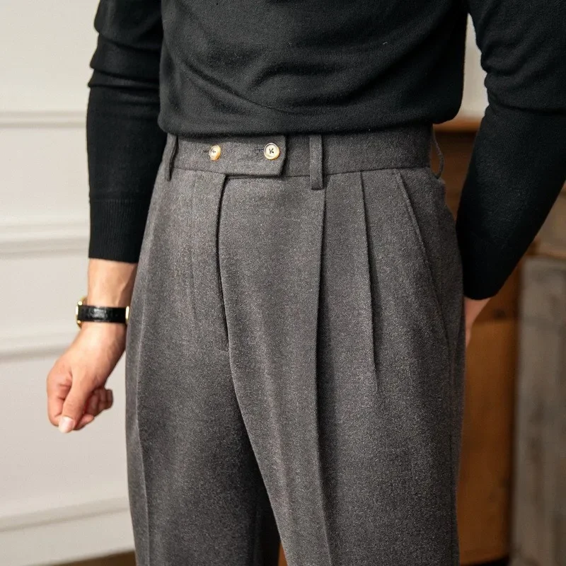 Autumn Winter High-Waisted Woolen Casual Pants For Men Warm Straight-Leg Draped Narrowing Legging Casual Suit Pants suit pants men pants