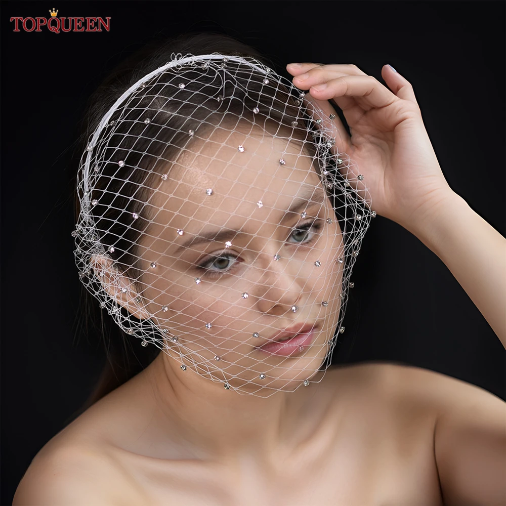 TOPQUEEN VA06 Birdcage Veil Russian Tulle Cage Veil Face with Diamond Bachelorette Party Accessories Handband Bridal Veils