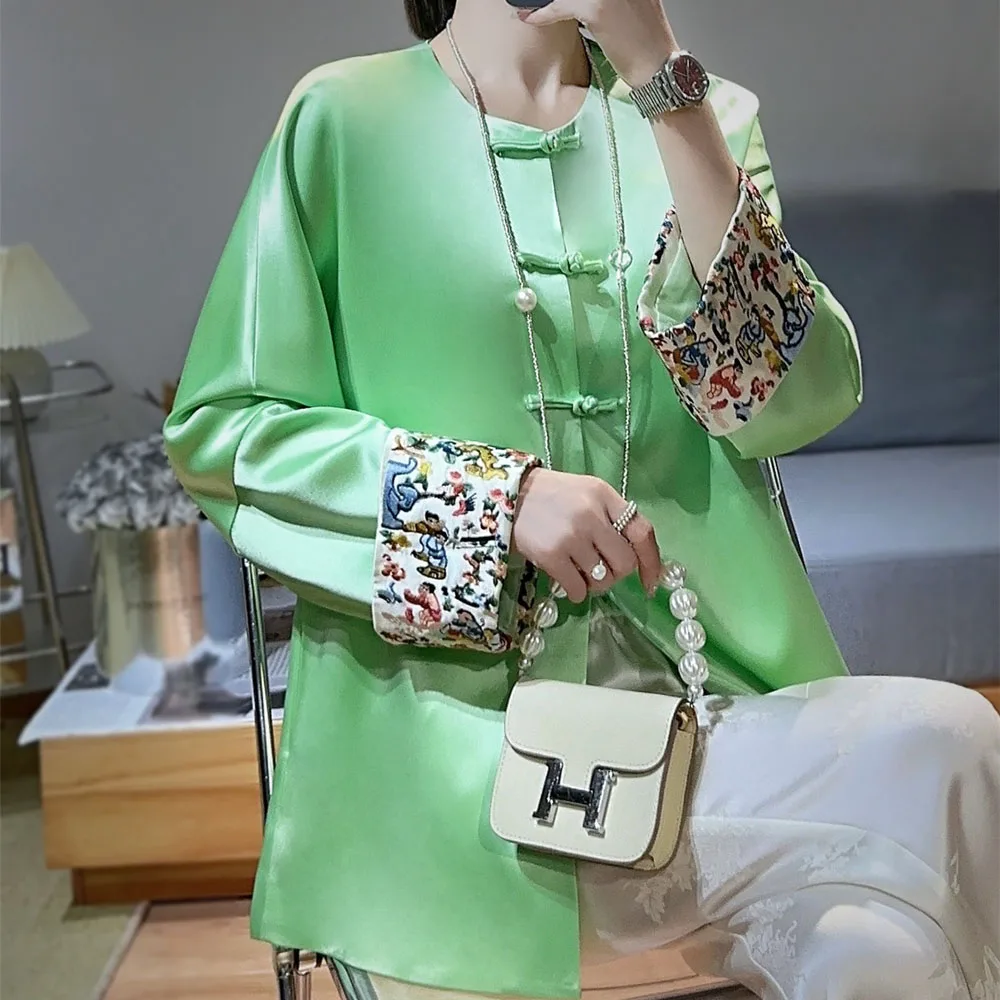 

High Quality Women's Spring New Acetate Fabric O-Neck Long Sleeve Vintage Flowers Embroidery Elegant Jacket S-XXL