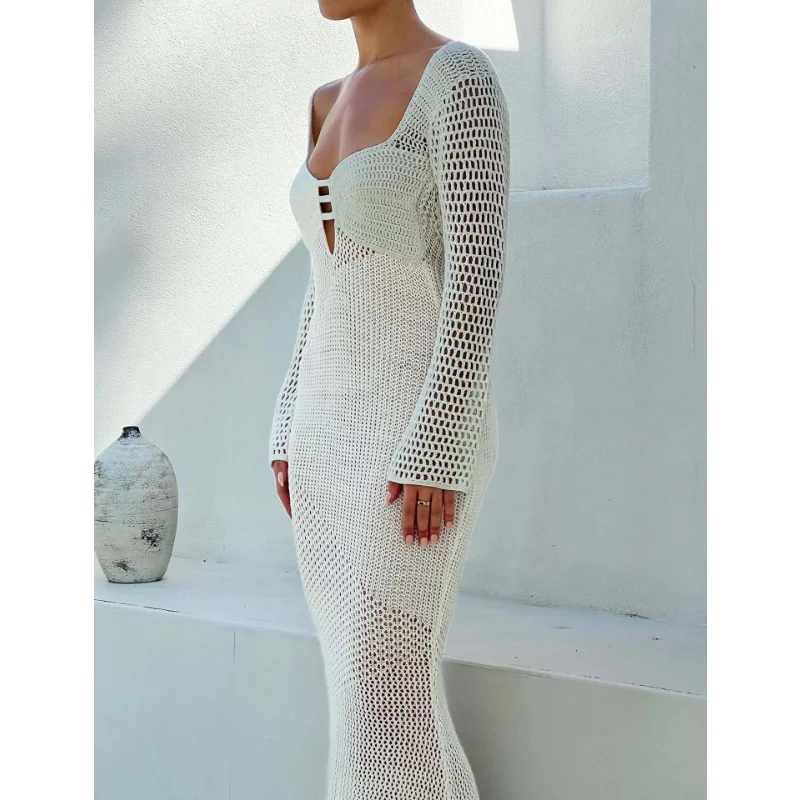 Hollow Out Knit See-Through Maxi Dress Female Patchwork Backless Lace-Up Slim Fashion Beach Holiday Knitwear Women Dress