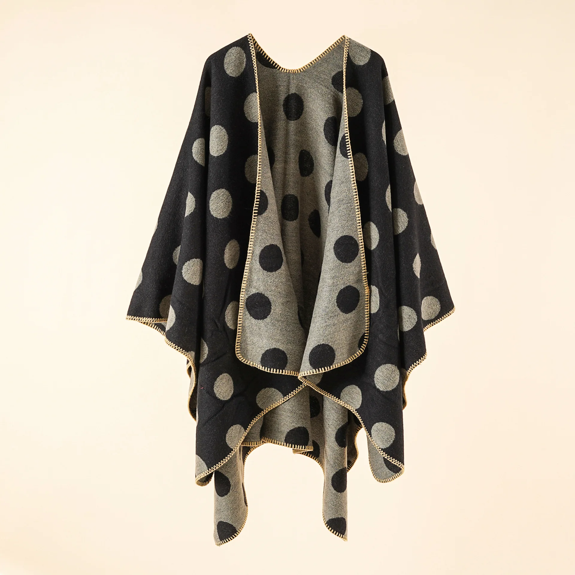 

2022 Autumn Winter New Dot Pattern Cardigan Imitation Cashmere Warm Casual Women Shawl Poncho Capes Lady Coat Gray Black