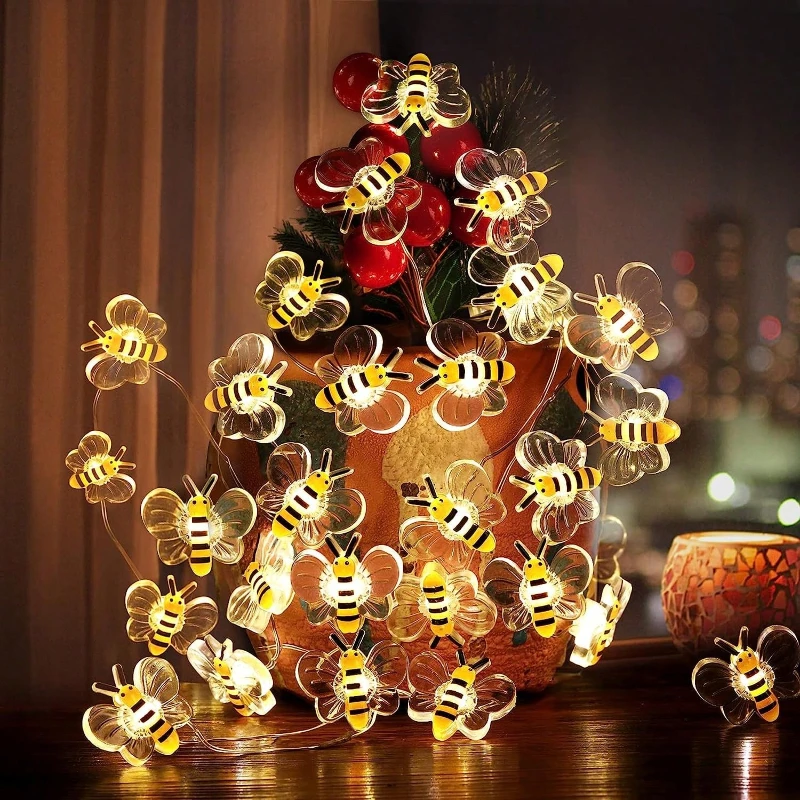 3.3FT/6.6FT Bee Led String Lights, Fairy Lights, Battery Powered, Christmas Helloween Decorations Garland Garden Patio Wedding