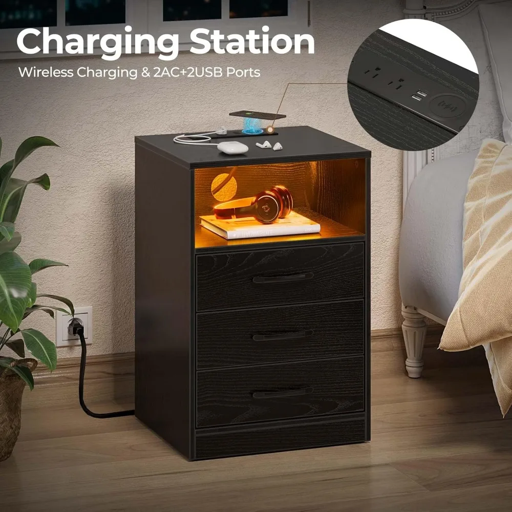 Nightstand with Wireless Charging Station and LED Lights, End Side Table with 3 Drawers and Open Compartment, Nightstand 5