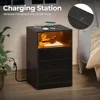 Nightstand with Wireless Charging Station and LED Lights, End Side Table with 3 Drawers and Open Compartment, Nightstand 5