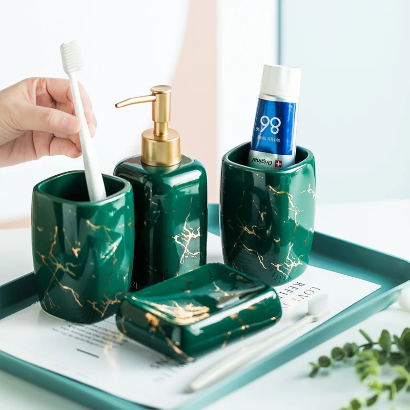 Nordic Matte Golden Ceramics Bathroom Toiletries Set Toiletries Cup Soap Dish Soap Dispenser Toothbrush Holder Tumbler