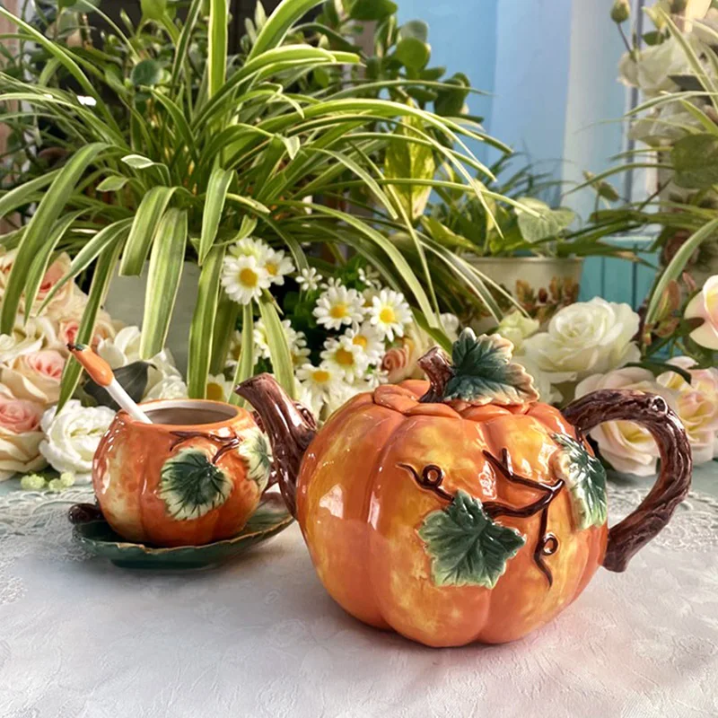 EuropeanpaintedceramicPumpkinTeapotTeaCupDessertdishcuteTea