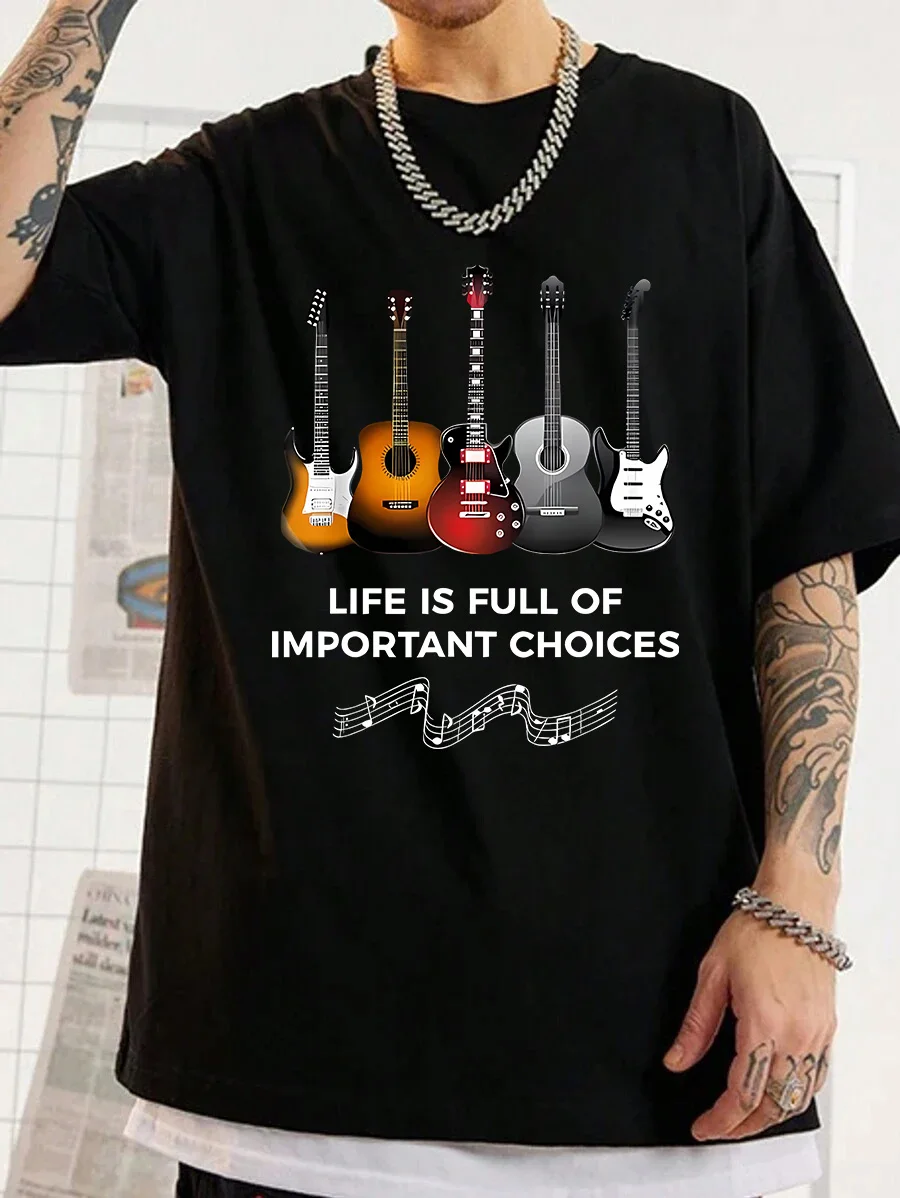 Guitar Print Summer Men's T-Shirt Fashion Tops Round Neck