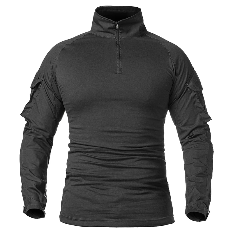 thumbnail image 1 of Camisa de combate de manga larga para hombre, camisas tácticas de algodón antidesgarro con cremallera de 1/4, camisetas de airsoft con camuflaje azul marino, 1 of 5