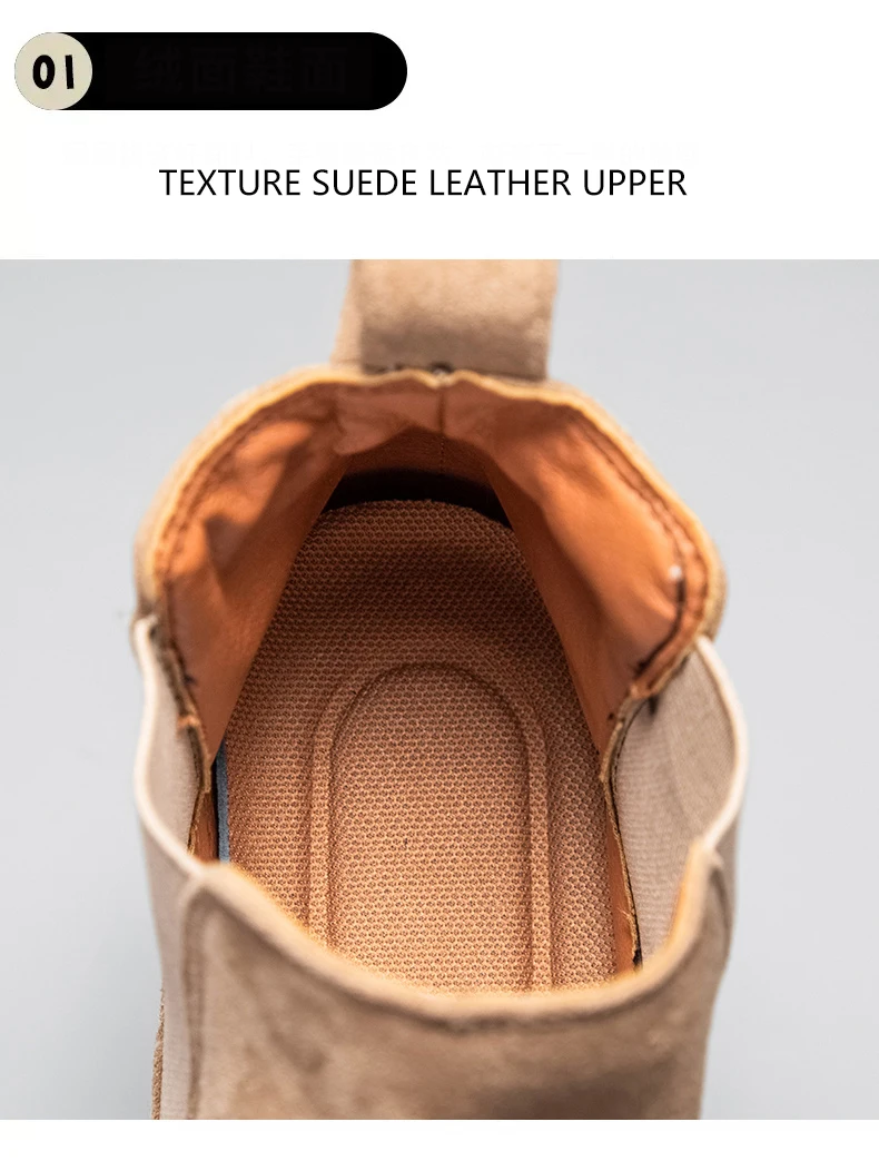 Detailed view of the pointed toe and reinforced stitching on men's suede ankle boots.