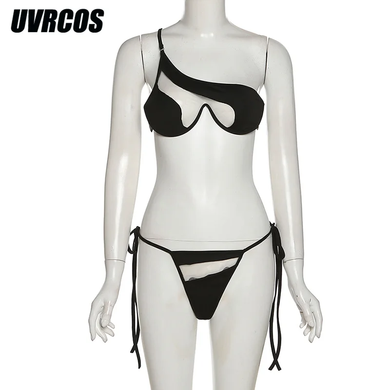 UVRCOS String Femme Sexy Patchwork 2 Piece Set Outfits Summer Beach One Shoulder Bandage Bra Tops+Sexy Panties Matching Swimsuit brown bikini set