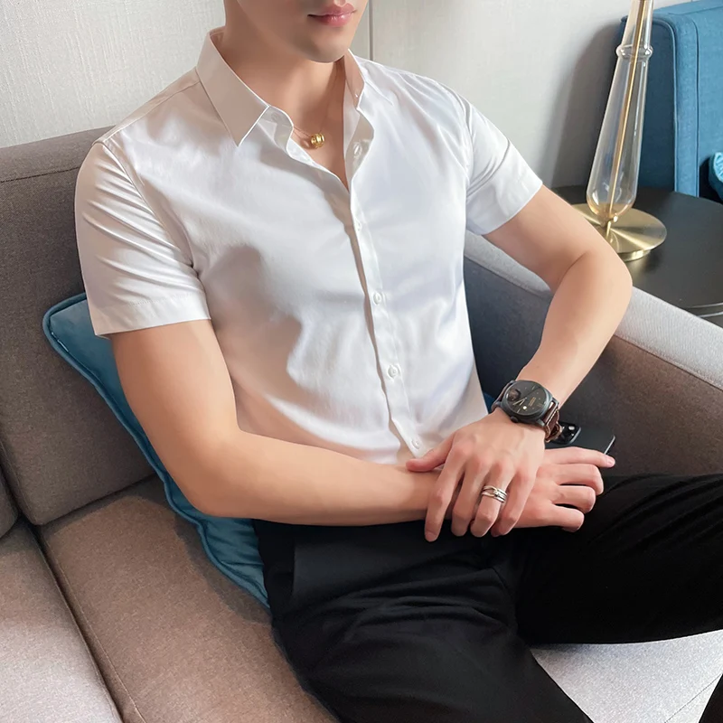 Brand clothing Men Fashion Casual Short Sleeve Shirt Regular Slim Fit Male Social Business Dress Shirt White Men Blouse