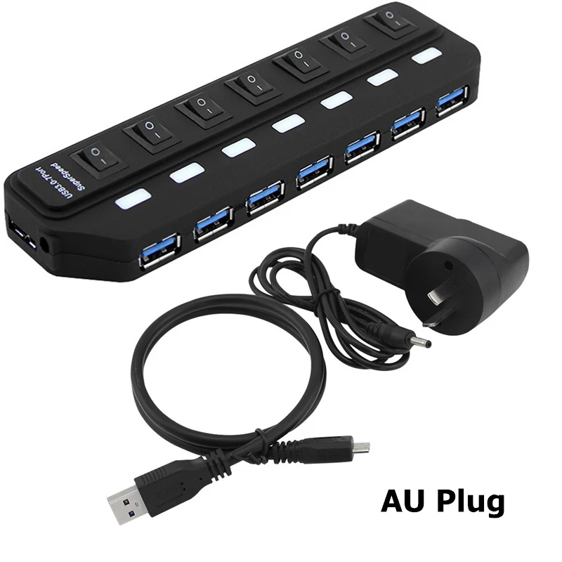 High-Speed 7-Port USB 3.0 Hub with Power Adapter and Extended Cable