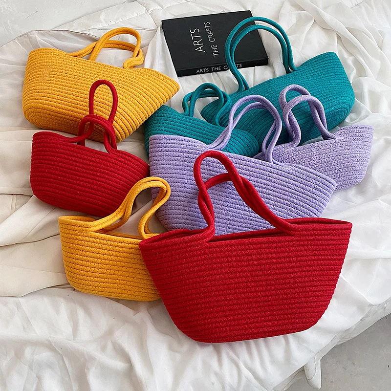 New Summer Straw Shoulder Bags For Women Handmade cotton rope Beach Bags Raffia Rattan Woven Handbags Vacation Shopping Bags