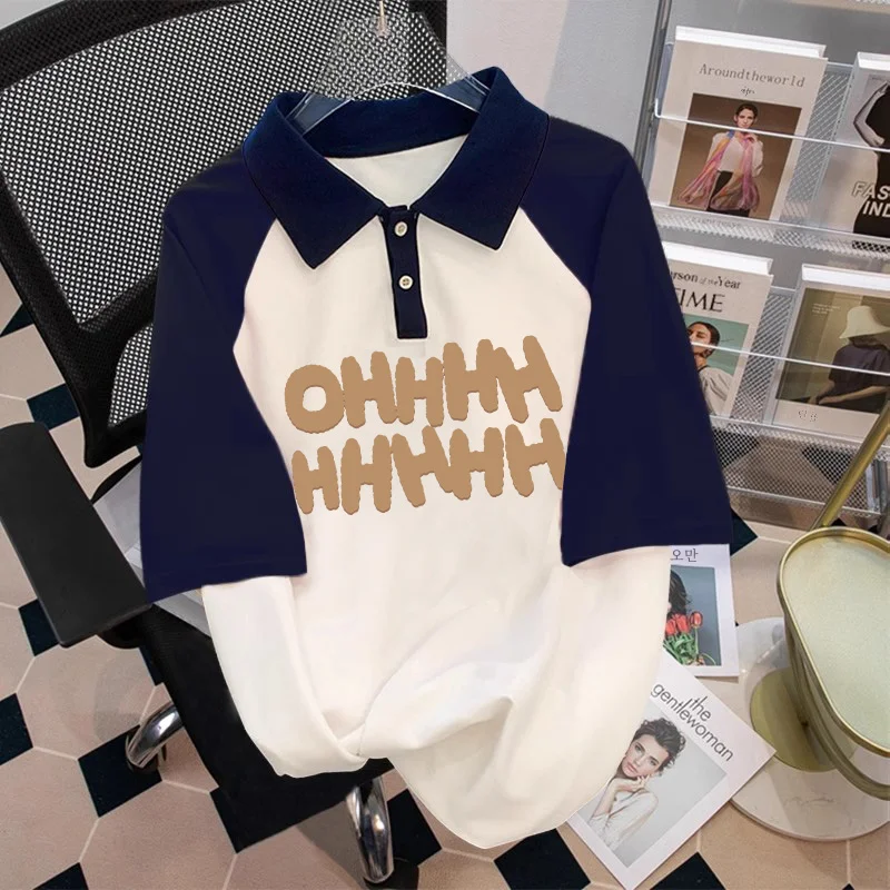 아메리칸 스타일 빈티지 티셔츠 반팔 여성 여름 프레피 스타일 폴로 넥 커플 탑