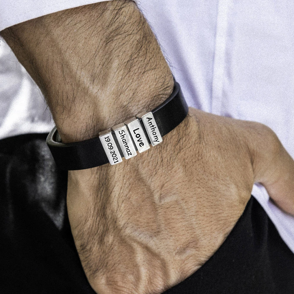 Customized Family Names Bracelet for Men Personalized Engraved Stainless Steel Beads Leather Bracelets Bangle Father\'s Day Gifts