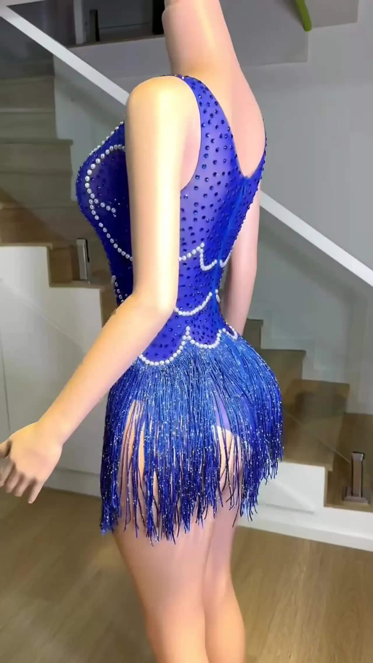 Блестящий женский комбидресс без рукавов с бахромой танцевальный костюм для
