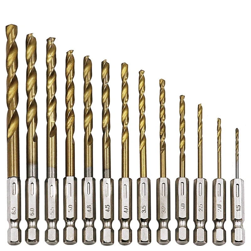 

13Pcs HSS High Speed Steel Titanium Coated Drill 1/4 Hex Shank 1.5mm-6.5mm Hexagonal Handle Twist Drill Bit Sets