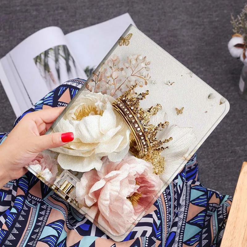Golden Crown Peony Bloom Tablet Case - Elegant Floral Design