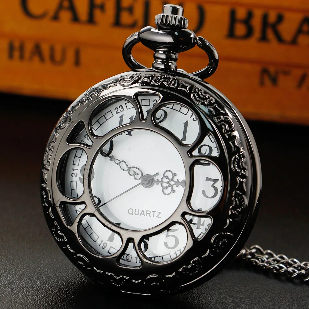 

Simple Hollow Black Quartz Pocket Watches Vintage Arabic Number Dial Pockets Watch Halloween Christmas Gift