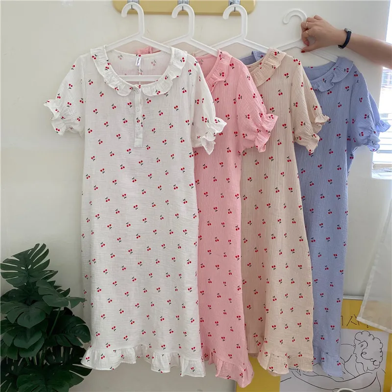 Cherry Print Summer Nightgown Women O-Neck Short Sleeve Casual Cotton Sleepwear Loose Ruffles Homewear Kawaii Korean