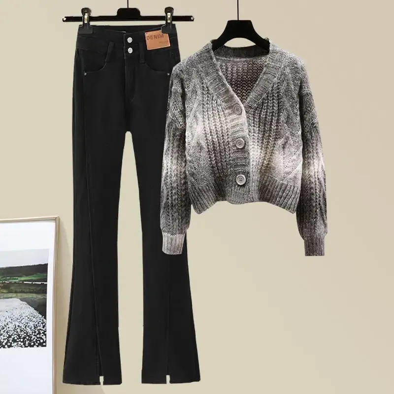 

Lazy Fashion Single/Set Women's Spring Autumn New Button Cardigan Sweater Versatile Micro Horn Jeans Two-piece Outfits Trend