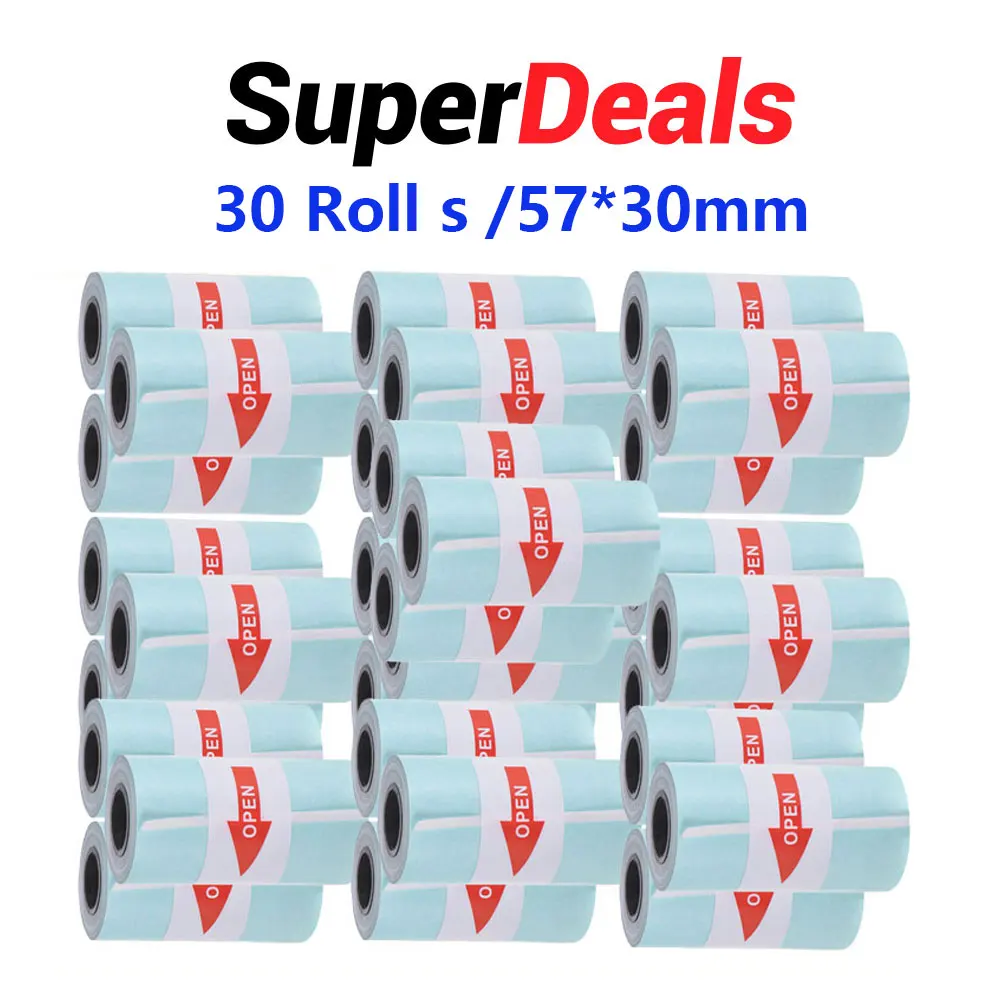 30 Rolls Printable Sticker Paper Direct Thermal Paper w/ Self-adhesive 57*30mm for PeriPage A6 PAPERANG P1/P2 Mini Photo Printer