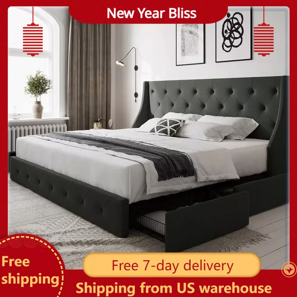 

Queen-size bed frame with 4 storage drawers and wing-back headboard, button-tufted design, no need for a box spring